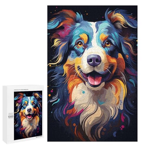Puzzle für Erwachsene mit 1000 Teilen farbenfroher Psychedelischer australischer Schäferhund dekomprimierendes intellektuelles Lernspielzeug Geschenkideen 75 x 50 cm von QSYFNBZL