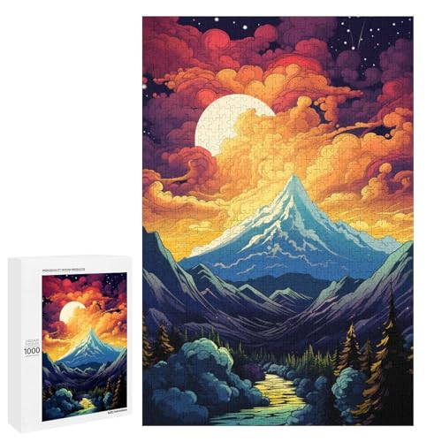 Puzzle für Erwachsene mit 1000 Teilen farbenfrohes psychedelisches Aurora Sonnenuntergangs Bergpuzzle praktisches Spiel 75 x 50 cm von QSYFNBZL