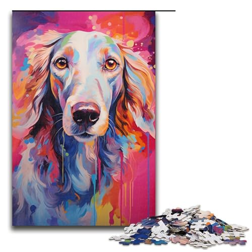Puzzle für Erwachsene mit 1000 Teilen farbenfrohes psychedelisches Gemälde eines Saluki Hundes praktisches Spiel 75 x 50 cm von QSYFNBZL