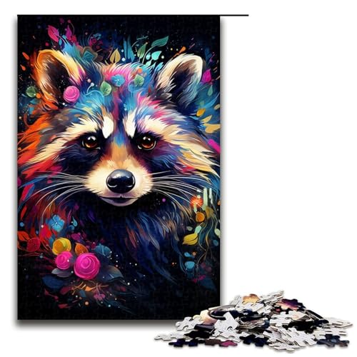 Puzzle mit 1000 Teilen farbenfrohes psychedelisches Waschbär Puzzle für Erwachsene Holz Familienspiel 75 x 50 cm von QSYFNBZL