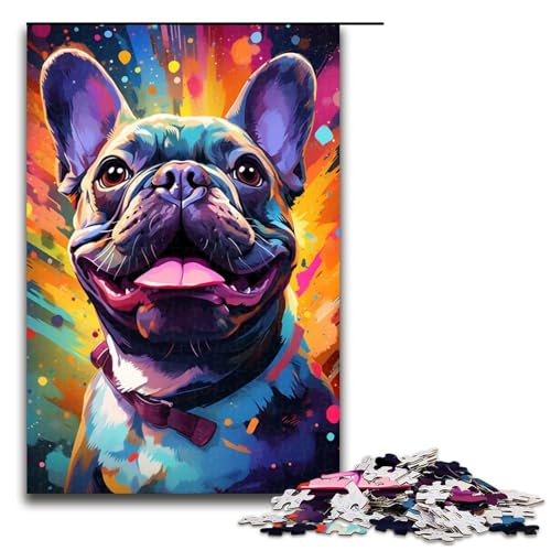 Puzzle mit 1000 Teilen farbenfrohes psychedelisches französisches Bulldoggen Puzzle für Erwachsene Holz Familienspiel 75 x 50 cm von QSYFNBZL