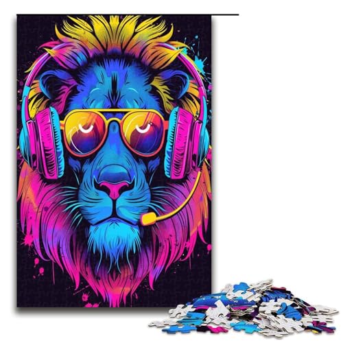 Puzzles für Erwachsene 1000 Teile Löwe mit Kopfhörer Sonnenbrille Spielzeug intellektuelles Spiel ganze Familie 1000 Teile von QSYFNBZL