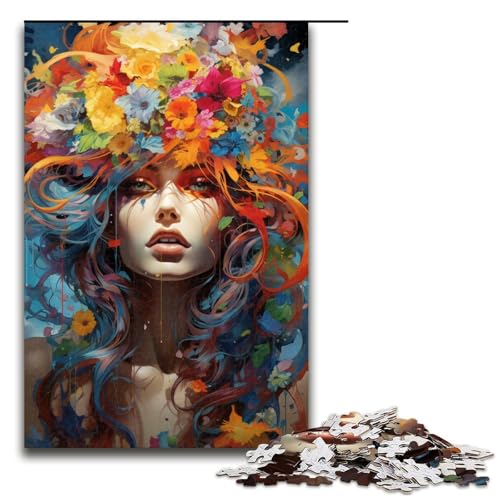 für Erwachsene 1000 farbenfrohe psychedelische Blumenfrauen Puzzles für Holzpuzzle Weihnachtspuzzle Geschenke 75 x 50 cm von QSYFNBZL