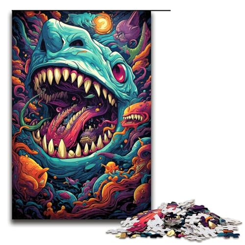 für Erwachsene 1000 teiliges farbenfrohes psychedelisches Hai Puzzle für Erwachsene schwieriges und anspruchsvolles Holzpuzzle 75 x 50 cm von QSYFNBZL