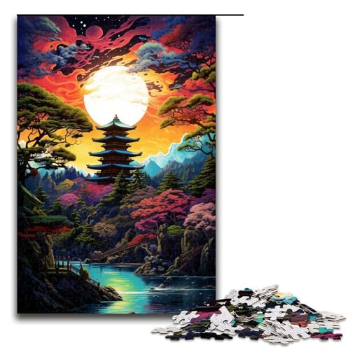 für Erwachsene 1000 teiliges farbenfrohes psychedelisches Retro Puzzle mit japanischer Landschaft für Erwachsene schwieriges und anspruchsvolles Holzpuzzle 75 x 50 cm von QSYFNBZL