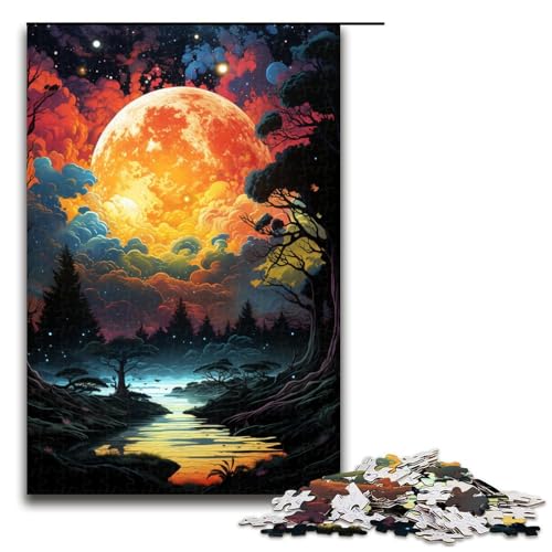 für Erwachsene 1000 teiliges farbenfrohes psychedelisches Vollmond Puzzle für Erwachsene schwieriges und anspruchsvolles Holzpuzzle 75 x 50 cm von QSYFNBZL