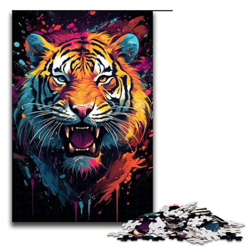 für Erwachsene 1000 teiliges wildes Gemälde Feuertiger Puzzle für Erwachsene Holzpuzzle schwierig und herausfordernd 75 x 50 cm von QSYFNBZL