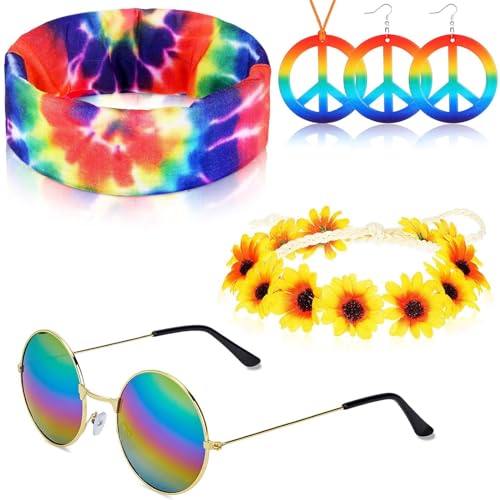 5 Stück Hippie Accessoires Set mit Hippie Sonnenbrille, Friedenszeichen Halskette Ohrringe Sonnenblumen Stirnband und Hippie Stirnband 70er Jahre Outfits für Halloween 70er 60er Jahre Partyzubehör von QTUN