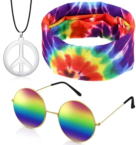 QTUN 3 Stück Hippie Kostüm Set für Damen Herren mit Hippie Sonnenbrille, Friedenszeichen Halskette und Buntes Hippie Stirnband für 60er 70er 80er Party Verkleiden Zubehörset von QTUN