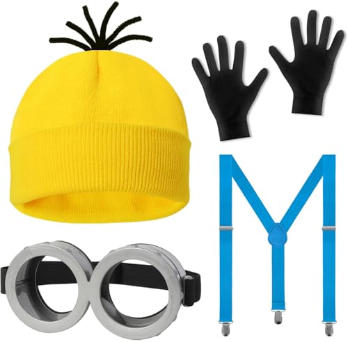 QTUN 4 Stück Gelbes Kostüm Set für Erwachsen, Film Kostüme Zubehör Enthalten Mütze Goggles Handschuhe und Hosenträger für Halloween Karneval Kostüm Party Cosplay von QTUN