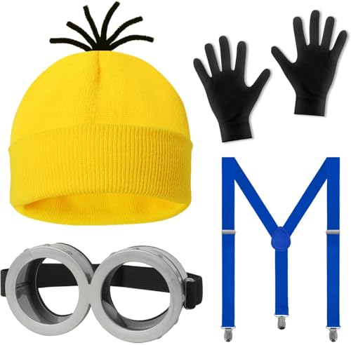 QTUN 4 Stück Gelbes Kostüm Set für Erwachsen, Film Kostüme Zubehör Enthalten Mütze Goggles Handschuhe und Hosenträger für Halloween Karneval Kostüm Party Cosplay von QTUN