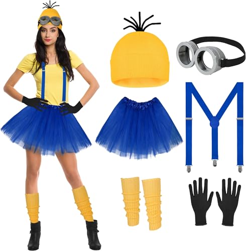QTUN 6 Stück Gelbes Kostüm Set für Damen, Film Kostüme Zubehör Enthalten Mütze Goggles Handschuhe Hosenträger Tutu und Beinwärmer für Halloween Karneval Kostüm Party Cosplay von QTUN