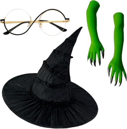 QTUN Halloween Hexenkostüm Damen, 3 Stück Set Kostüm Hexe Accessoires mit Hexenhut Brille und Grün Krallenhandschuhen, Fasching Mottoparty Kostümzubehör für Damen von QTUN
