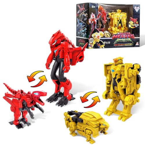 2 in 1 Transformator-Spielzeug Action-Figur Dinosaurier Raptor und Ankylo 2pcs, 5 Zoll, Kinder-Action-Figur-Spielzeug für 5 6 7 8 9 10 Jahre alt Jungen und Mädchen, rot/gelb von QUANTUM HEROES DINOSTER