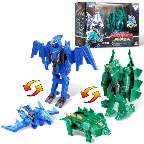 2 in 1 Transformator Spielzeug Action-Figur Dinosaurier, Stego und Ptera 2pcs, 5 Zoll, Kinder Action-Figur Spielzeug für Jungen und Mädchen 5 6 7 8 9 10 Jahre, Blau/Grün von QUANTUM HEROES DINOSTER