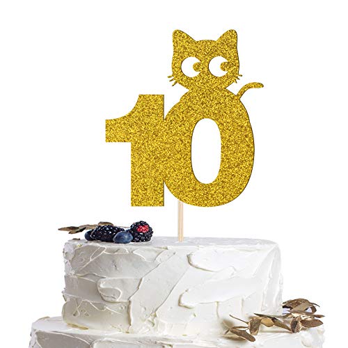 Tortenaufsatz zum 10. Geburtstag, Motiv: Katze, goldfarben, 10 Jahre alte Geburtstagskuchendekoration für Babyparty/Kinder/Haustiere Geburtstagsparty, Cartoon-Katzenfutter, Dessert-Picks für Mädchen oder Jungen Tortenaufsatz zum 10. Geburtstag, Motiv: Katze, goldfarben, 10 Jahre alte Geburtstagskuchendekoration für Babyparty/Kinder/Haustiere Geburtstagsparty, Cartoon-Katzenfutter, Dessert-Picks für Mädchen oder Jungen von QUEOOGOU
