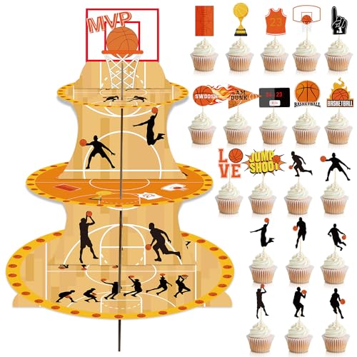 Basketball Cupcake Stand, 3 Tier Basketball Party liefert Kuchen Stand mit 20pcs Basketball Cupcake Toppers, Cupcake Papptisch für Kinder Geburtstag Party Dekor Basketball Thema Party Dekorationen von QUERICKY
