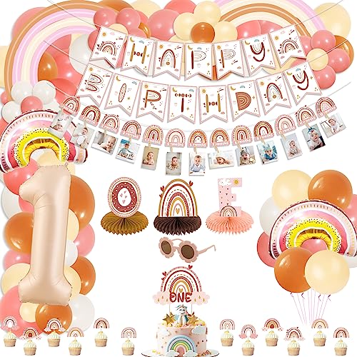 Bohemian Rainbow 1st Birthday Dekorationen, Beinhalten Happy Birthday Banner, Regenbogen monatlich Foto-Banner, ONE Honeycomb Centerpiece, Cake Toppers, Luftballons für Mädchen ersten Geburtstag Party von QUERICKY