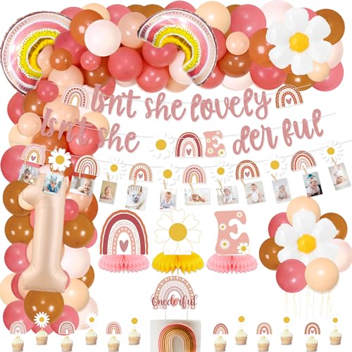 Boho Regenbogen 1. Geburtstag Dekorationen, Isn't She Lovely Isn't She Onederful Banner, Boho Banner, ein Jahr alt Tafelaufsatz, Cake Toppers, Luftballons für Mädchen Boho Thema ersten Geburtstag von QUERICKY