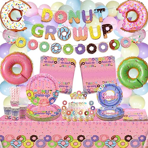 Donut Party Dekorationen, inklusive Donut Grow Up Banner, Papiergeschirr, Luftballons, Tischdecke, Kuchenaufsätze für Mädchen Sweeties Baby Donut Grow Up Thema Geburtstagsdekorationen, für 20 Gäste von QUERICKY