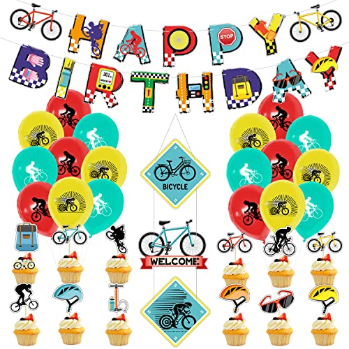 Fahrrad-Geburtstagsfeier-Dekorationen, einschließlich Banner, Tortenaufsätze, Luftballons, hängende Schilder, Fahrrad-Sport-Geburtstagsfeier-Zubehör für Kinder und Fahrradfans (A) von QUERICKY