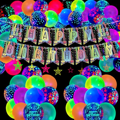 Im Dunkeln leuchtende Geburtstagsfeier-Dekorationen, einschließlich Happy Birthday Banner, Neonballons, Sternendekorationswirbel, leuchtende Geburtstagszubehör für Kinder von QUERICKY