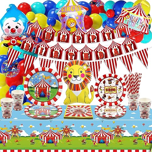 Karneval Party Supplies, Enthalten Karneval Flagge, Geburtstag Banner, Tischdecke, Luftballons, Pappteller, Servietten, Tassen, Zirkus Party Dekorationen für Kindergeburtstag Party, für 20 Gäste von QUERICKY