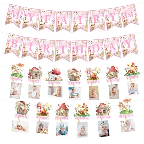 Meine Fee ersten Geburtstag Dekorationen, umfassen My Fairy 1st Birthday Banner, Blume Feen Enchanted Forest Garden Themed Monthly Foto Banner für Mädchen Baby Fee 1. Geburtstag Party von QUERICKY