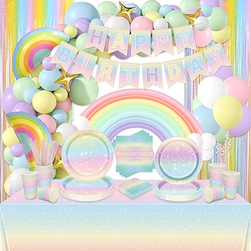 Pastell Regenbogen Geburtstag Party Dekorationen, umfasst alles Gute zum Geburtstag Banner, Regenbogen Tischdecke, Pappteller, Servietten, Tassen, Luftballons für Geburtstag Party, serviert 20 Gäste von QUERICKY