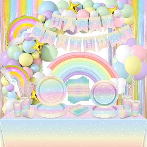 Pastell Regenbogen Geburtstag Party Dekorationen, umfasst alles Gute zum Geburtstag Banner, Regenbogen Tischdecke, Pappteller, Servietten, Tassen, Luftballons für Geburtstag Party, serviert 20 Gäste Pastell Regenbogen Geburtstag Party Dekorationen, umfasst alles Gute zum Geburtstag Banner, Regenbogen Tischdecke, Pappteller, Servietten, Tassen, Luftballons für Geburtstag Party, serviert 20 Gäste von QUERICKY