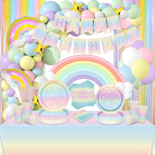 Pastell Regenbogen Geburtstag Party Dekorationen, umfasst alles Gute zum Geburtstag Banner, Regenbogen Tischdecke, Pappteller, Servietten, Tassen, Luftballons für Geburtstag Party, serviert 20 Gäste von QUERICKY