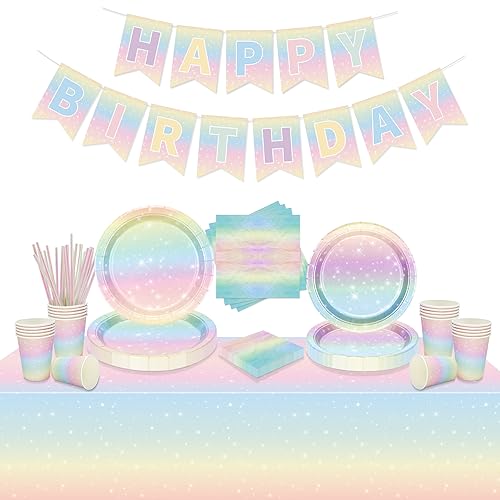 Pastell Regenbogen Geburtstag Party Dekorationen, umfasst alles Gute zum Geburtstag Banner, Regenbogen Tischdecke, Pappteller, Servietten, Tassen für Geburtstag Party Dekorationen, serviert 20 Gäste von QUERICKY