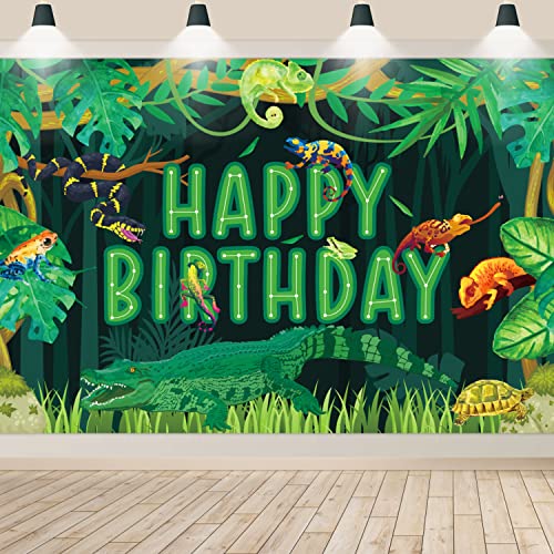Reptilien-Geburtstags Hintergrund, Reptilien Schlangen Eidechse Alligator Schildkröte Happy Birthday Banner für Kinder Jungen Geburtstagsparty-Dekorationen, Dschungel-Sumpf Geburtstagsparty, 180x120cm von QUERICKY
