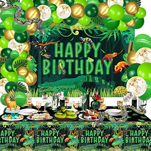 Reptil Geburtstag Party Dekorationen, enthalten Hintergrund, Tischdecke, Luftballons, Dschungel Sumpf Wildnis Schlangen Eidechse Alligator Geburtstag Dekorationen für Kinder Jungen Geburtstag Party von QUERICKY