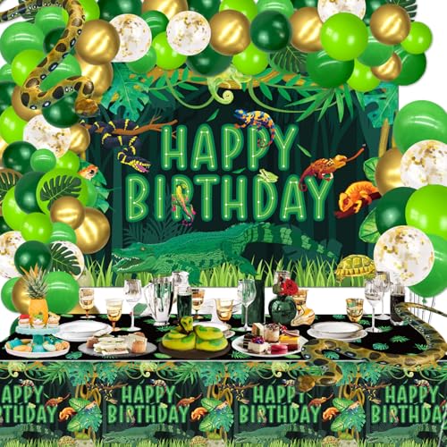 Reptil Geburtstag Party Dekorationen, enthalten Hintergrund, Tischdecke, Luftballons, Dschungel Sumpf Wildnis Schlangen Eidechse Alligator Geburtstag Dekorationen für Kinder Jungen Geburtstag Party von QUERICKY