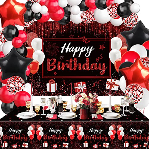 Schwarzer roter Geburtstag Party Dekorationen, enthält alles Gute zum Geburtstag Hintergrund, Tischdecke, 64 Stück Geburtstag Ballons für Frauen Mädchen Männer Geburtstag Party Dekorationen Zubehör von QUERICKY
