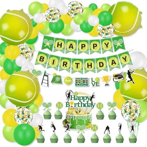 Tennis-Party-Dekorationen, inklusive Tennis-Happy Birthday-Banner, Tennisballons, Cupcake-Topper, Tennis-Partyzubehör für Männer Frauen Kinder Sport Thema Geburtstag Party Tennisball Party von QUERICKY