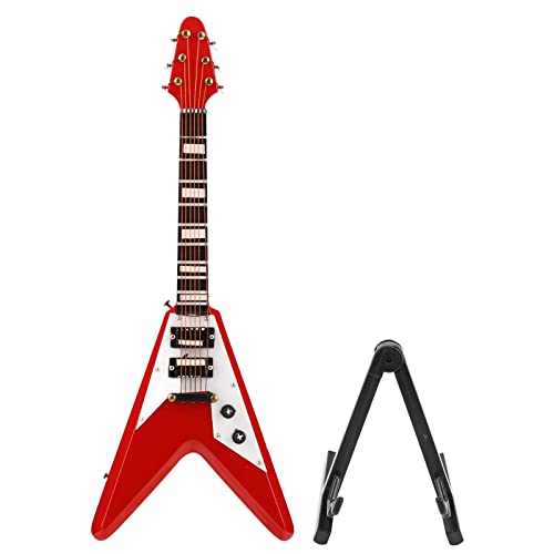 QUERTIPOL E-Bass, Miniatur-E-Gitarre aus Holz Mit Ständer, Mini-Musikinstrument, Miniatur-Puppenhausmodell, Rot, 7,1 Zoll von QUERTIPOL
