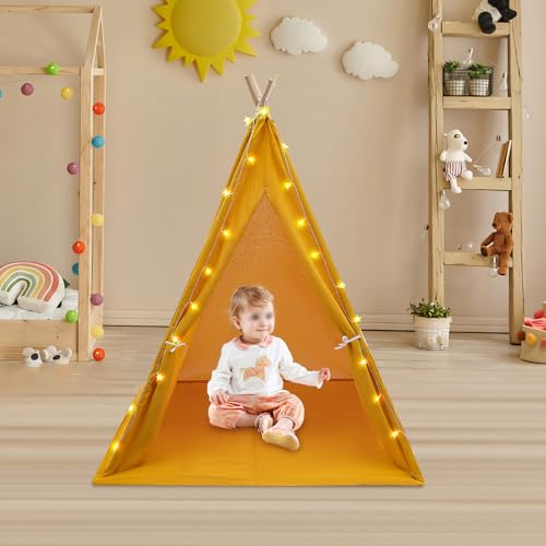 Faltbares Kinderzelt, für den Innenbereich, mit Sternenlicht, Fenster und Teppich, Kapazität 1-3 Kinder, für Wohnzimmer, Kinderzimmer, Schlafzimmer, Geburtstagsfeiern (Gelb) von QUIOTUIR