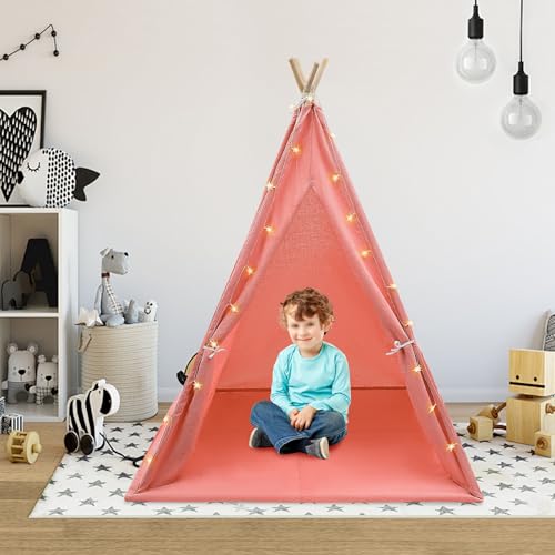 Faltbares Kinderzelt, für den Innenbereich, mit Sternenlicht, Fenster und Teppich, Kapazität 1-3 Kinder, für Wohnzimmer, Kinderzimmer, Schlafzimmer, Geburtstagsfeiern (Rosa) von QUIOTUIR