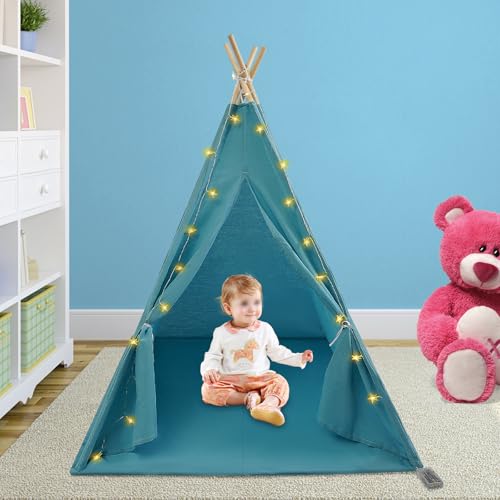Faltbares Kinderzelt, für den Innenbereich, mit Sternenlicht, Fenster und Teppich, Kapazität 1-3 Kinder, für Wohnzimmer, Kinderzimmer, Schlafzimmer, Geburtstagsfeiern (blau) von QUIOTUIR
