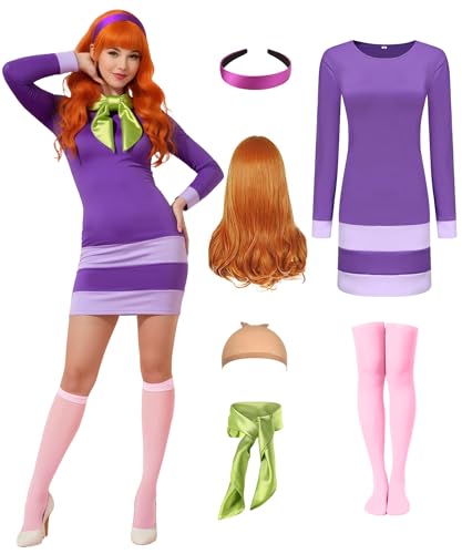 Daphne QM007L Halloween-Kostüm für Damen, Erwachsene, Cosplay-Kleid mit Schal, Perücke, Stirnband, Socken, Zubehör, Lila von QUJQOM