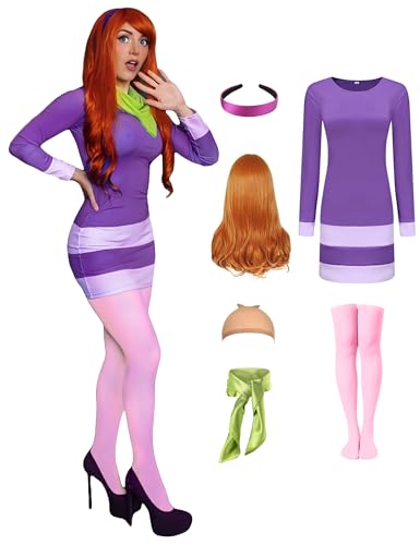 QUJQOM Halloween-Kostüm für Damen und Erwachsene, langärmelig, violett, Cosplay-Kleid mit Schal, Perücke, Stirnband, Socken, Zubehör, QM007-XS QUJQOM Halloween-Kostüm für Damen und Erwachsene, langärmelig, violett, Cosplay-Kleid mit Schal, Perücke, Stirnband, Socken, Zubehör, QM007-XS von QUJQOM