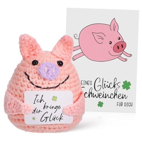 QUMIIRITY Häkel Schweinchen mit Positiver Handgefertigte Tierfigur zur Emotionalen Unterstützung Süßes mit Affirmationskarte für Dekoration und Stressabbau von QUMIIRITY