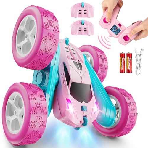 QUNREDA RC Cars,Pink ferngesteuertes Auto für Mädchen, 2.4GHZ Doppelseitiges RC Stunt Car 360°drehbares ferngesteuertes Crawler mit Scheinwerfern Auto Spielzeug für 6 7 8 9 10 11 12 Mädchen Geburtstag von QUNREDA