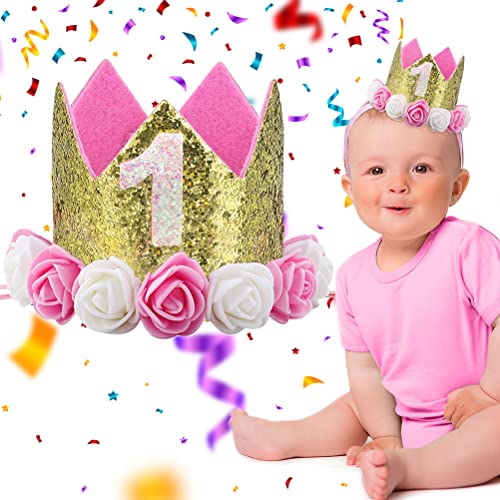 1 Jahr Geburtstag Baby Krone, Mädchen Geburtstagskrone Haarband Haarschmuck Tiara mit Pailletten Rosendekor, Glänzend Prinzessin Partyhüte Stirnband für Kinder 1.Geburtstag Geschenk Geburtstagsdeko von QUOHE