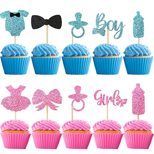 Tortendeko Babyparty, 30 Stück Boy or Girl Gender Reveal Party Kuchen Torten Dekoration, Cake Cupcake Topper Geschlecht Offenbaren Kuchendeko für Jungen Mädchen Baby Shower Geburtstag (Blau Rosa) von QUOHE