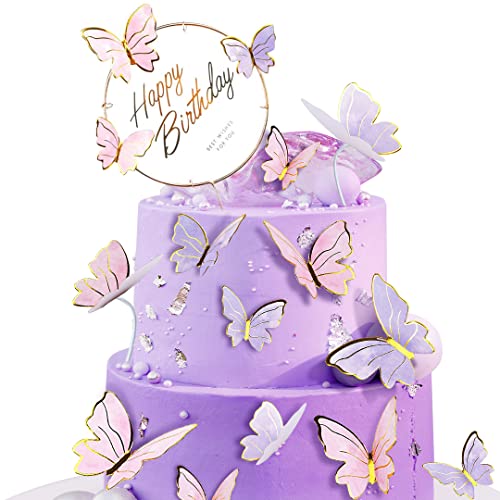 Tortendeko Schmetterlinge, Geburtstagsdeko Kuchen Torten Deko Schmetterling Kuchendeko, 3D Happy Birthday Cake Cupcake Topper für Mädchen Geburtstag Hochzeit Weihnachten Baby Shower Party (Rosa Lila) von QUOHE