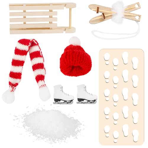 Wichtel Zubehör, Miniatur Weihnachten Wichtel Mütze Schal Skischuhe Schlitten Holz Skier Schnee Fußabdrücke, Mini Kleidung Weihnachts Ski Wichtelzubehör für Wichteltür Deko 1:12 Puppenhaus Geschenke Wichtel Zubehör, Miniatur Weihnachten Wichtel Mütze Schal Skischuhe Schlitten Holz Skier Schnee Fußabdrücke, Mini Kleidung Weihnachts Ski Wichtelzubehör für Wichteltür Deko 1:12 Puppenhaus Geschenke von QUOHE