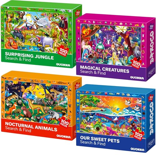 QUOKKA Puzzle ab 3 4 5 Jahre für Kinder - 4x100 Teile Puzzle ab 5 6 für Jungen und Mädchen - Suchen & Finden Kinderpuzzle Spiele Nachtaktives Leben - Geschenk Spielzeug für Kinder 6 7 8 Jahre von QUOKKA